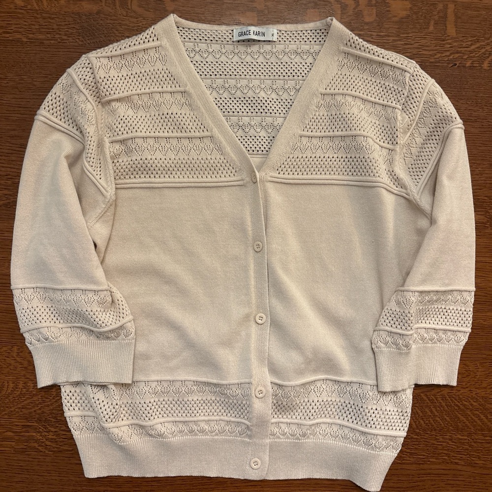 Grace Karin Cream Open-Knit V-Neck Button Cardigan CottageCore CoastalGrandma